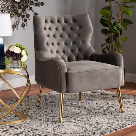 Baxton Studio Nelson Modern Luxe and Glam Grey Velvet Fabric Upholstered and Gold Finished Metal Armchair 190-11547-ZORO